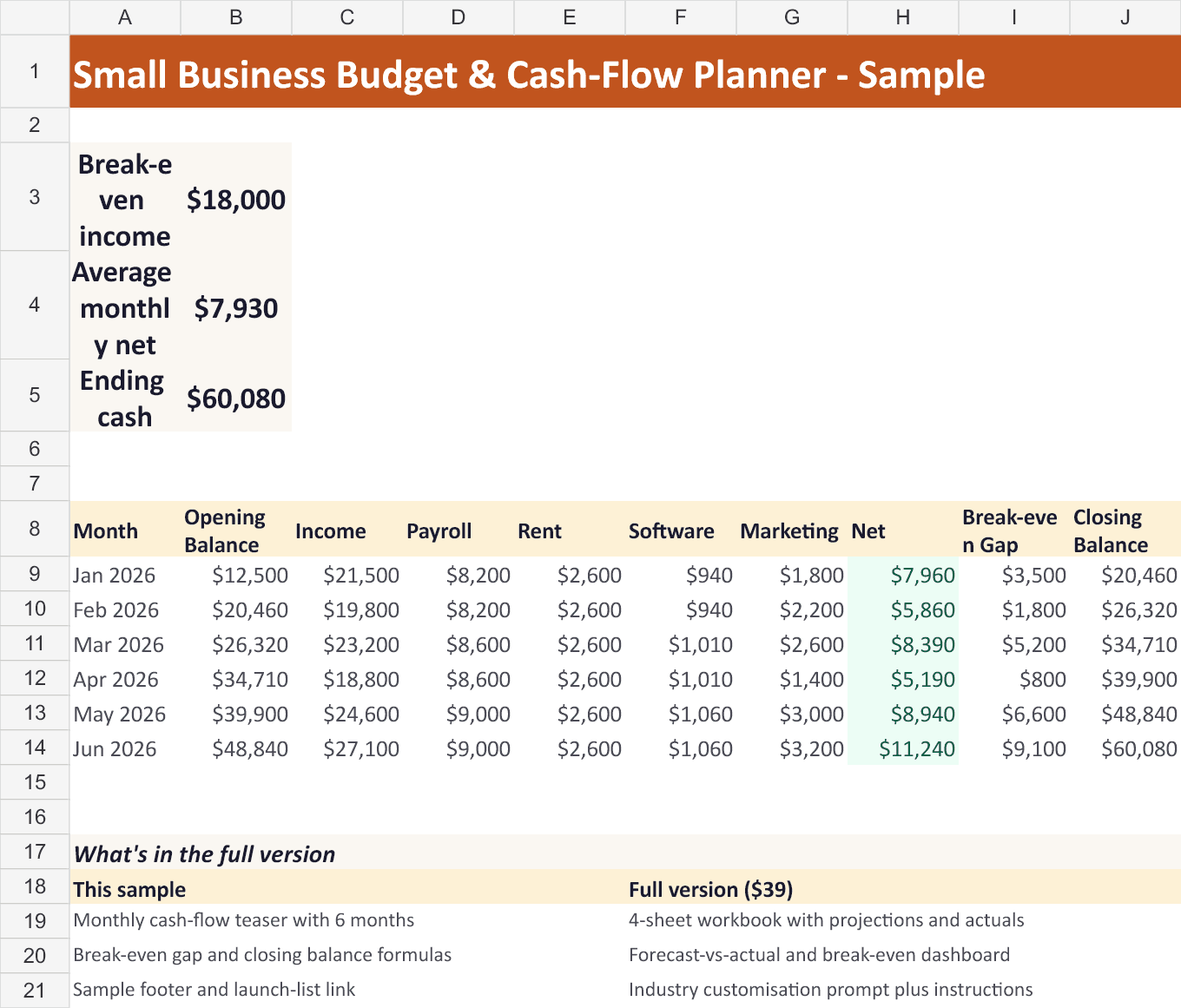 Small Business Budget & Cash Flow Planner